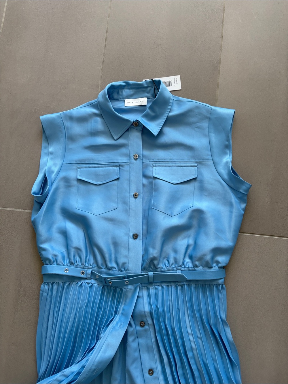 Elie Tahari Natalya blue pleated shirt dress with belt, length 49",NWT - Picture 3 of 16